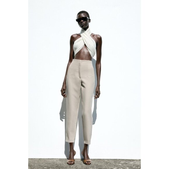 ZARA Off White Suiting Twill High Waisted Tapered Trousers Pants, Size S - Picture 10 of 15